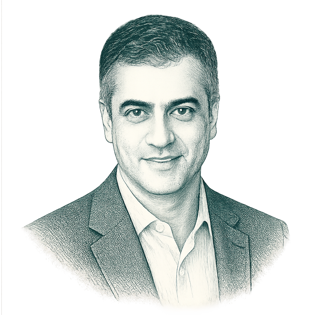 Teal pen-and-ink stipple portrait of Raj Bhatia in the Wall Street Journal hedcut style